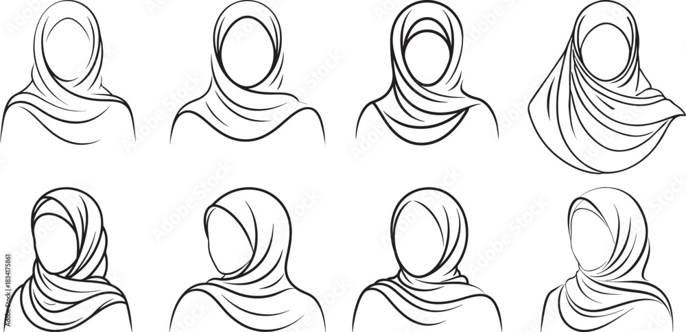 Fototapeta premium Set of hijab rendered in flowing, graceful curves line-art vector style.