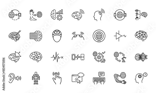 Neurotechnology line icon set. vector pictograms of brain, robotic hand, interface, and signal processing, thin outline illustration.