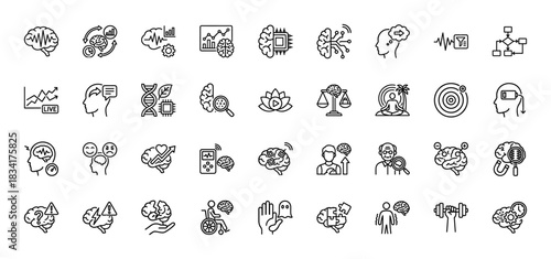 Brain and psychology line icon set. Vector pictograms of neurology, mind, mental health, intelligence, thinking, dementia, and meditation, thin outline illustration