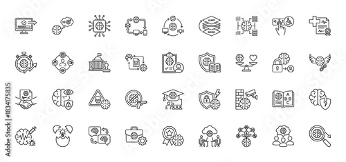 Artificial intelligence line icon set. Vector pictograms of brain, chip, cloud, shield, lock, scale, eye, document, gear, handshake, and award, thin outline illustration.