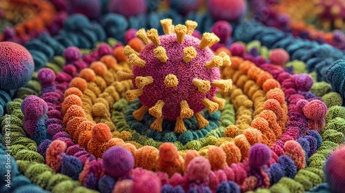 Microscopic Universe of a Virus: Delving into the intricate, colorful world of a virus, revealing its complex structure and offering a glimpse into its interaction with its environment.