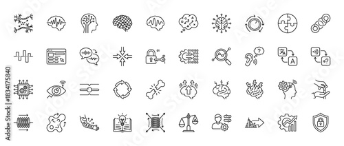 Brain, technology, and science line icon set. Vector pictograms of neurons, brain waves, artificial intelligence, and physical concepts, thin outline illustration.