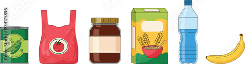 Grocery items, canned peas, shopping bag, condiment jar, cereal box, water bottle, banana, food essentials, nutrition, illustration