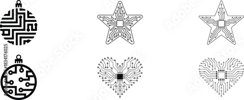 circuit board christmas ornaments vector set featuring stars, hearts and festive shapes decorated with digital circuitry for modern holiday artwork.