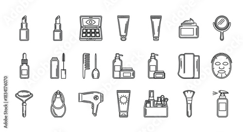 Beauty skincare cosmetics products vector outline icon set spa salon