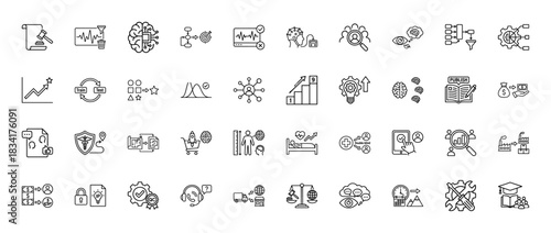 Artificial intelligence, data analysis, and business icon set. Vector pictograms of research, strategy, health, and finance, thin outline illustration.