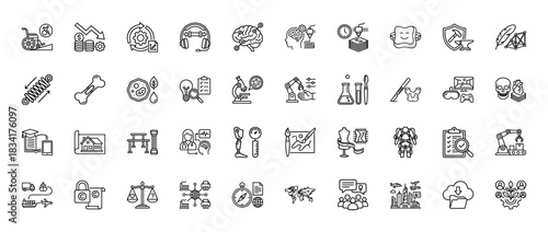 Science, engineering, and logistics line icon set. Vector pictograms of robotics, 3d printing, finance, and education, thin outline illustration.