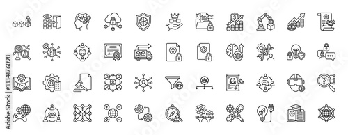 Technology and business line icon set. Vector pictograms of blockchain, smart contract, machine learning, and vr, thin outline illustration.