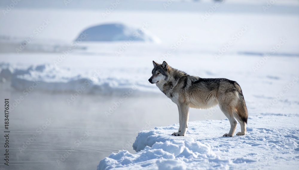 Naklejka premium Majestic gray wolf standing near icy water's edge in a bright snowy winter landscape