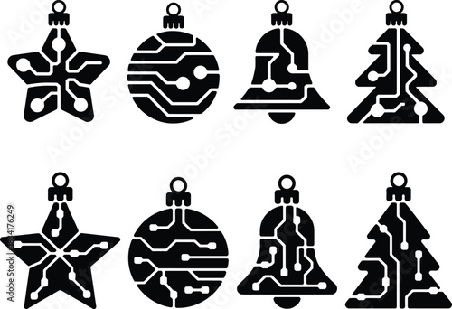christmas ornaments tech style vector set blending classic holiday shapes with futuristic circuit board details for a modern digital festive look.