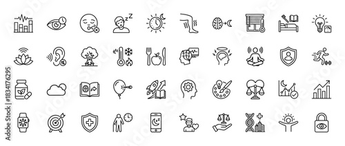 Health and wellness line icon set. Vector pictograms of sleep, meditation, fitness, mind, brain, and balance, thin outline illustration.