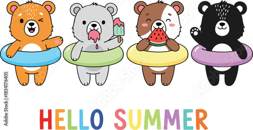 Cute cartoon bears wearing swim rings and enjoying summer treats like ice cream and watermelon in a playful illustration