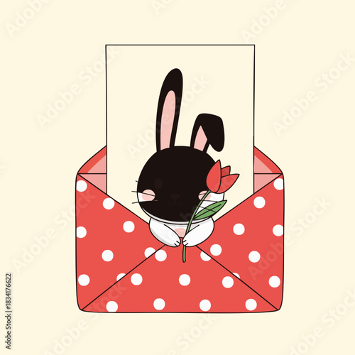Cute cartoon bunny peeking out of a red polka dot envelope holding a single red tulip flower illustration. Perfect for Valentine's Day or love notes