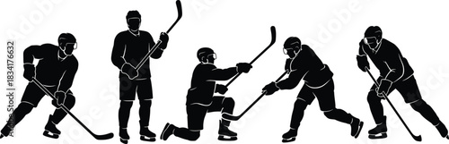 Set of Five Dynamic Ice Hockey Player Silhouettes in Various Action Poses Including Shooting, Skating, and Kneeling, Vector Illustration Isolated on White