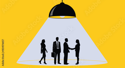 Diverse business professionals gather under a spotlight, symbolizing opportunity and collaboration.