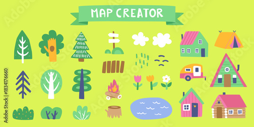 Map elements doodle set. Vector map creator collection. Cartoon clipart bundle for kids maps.