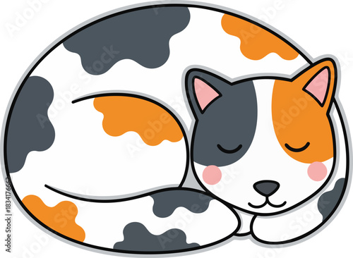 Cute cartoon calico cat sleeping curled up in a ball