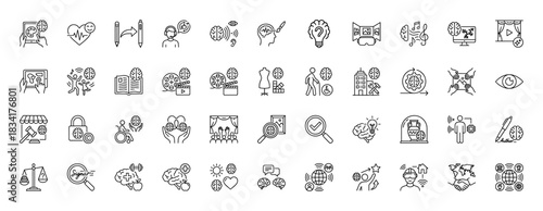 Cognition, education, and technology line icon set. Vector pictograms of brain activity, virtual reality, and creativity, thin outline illustration.