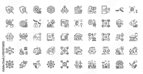 Corporate governance and technology line icon set. Vector pictograms of blockchain, data, finance, security, and sustainability, thin outline illustration.