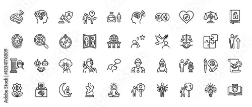 Abstract concepts line icon set. Vector pictograms of brain, fingerprint, compass, shield, puzzle, and robotic hand, thin outline illustration.