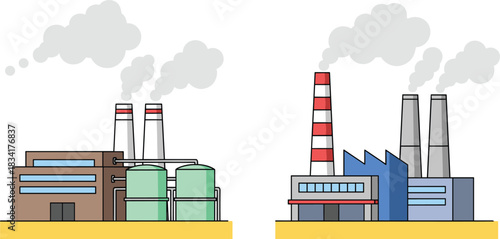 Industrial factory illustration, smoke chimneys, energy production, pollution concept, modern plant, environmental impact, piping system, emission source, urban industry