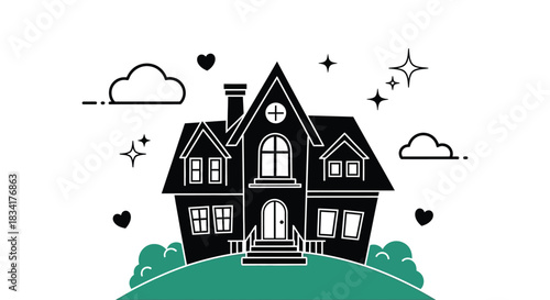 Charming black and white illustration of a cozy home on a hill with whimsical clouds and hearts.