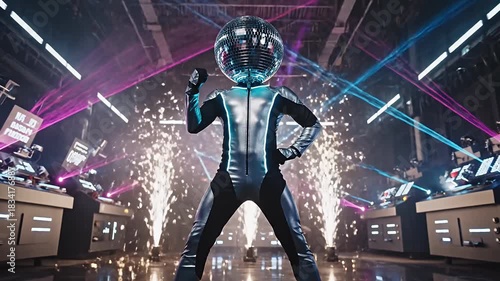 Dynamic disco ball head performer in a futuristic silver suit on stage with vibrant laser lights dazzling sparks and an electrifying club atmosphere