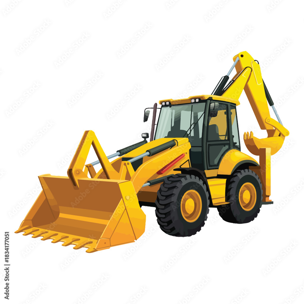 Naklejka premium A yellow backhoe loader with scooping arm, transparent background.
