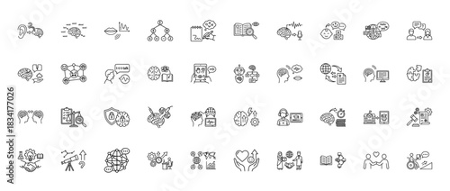 Cognitive and psychological science line icon set. Vector pictograms of brain activity, learning, speech, and mental health, thin outline illustration.