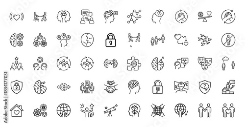 Psychology and mental health line icon set. Vector pictograms of connection, communication, emotion, and intellect, thin outline illustration.