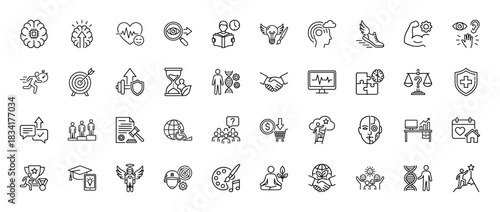 Business and personal growth line icon set. Vector pictograms of brain, heart, target, handshake, chart, and puzzle, thin outline illustration.
