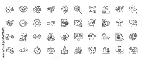 Neuroscience and artificial intelligence line icon set. Vector pictograms of brain activity, thought process, and mental health, thin outline illustration.