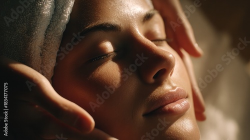 Serene Spa Ritual: Close-up of a person enjoying a spa treatment, their face gently cradled in the hands of a spa professional. Capturing the tranquility and pampering.