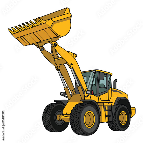 A loader with tilted bucket, clean illustration, transparent background.
