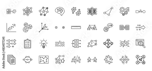 Artificial intelligence line icon set. Vector pictograms of neural networks, machine learning, data processing, and analysis, thin outline illustration.