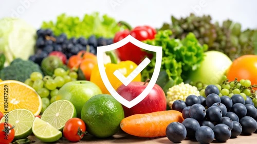 Nutritional defense shielded fruits and vegetables vibrant assortment of fresh fruits and vegetables symbolically guarded by shield