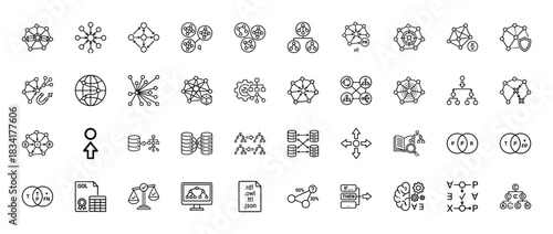 Data science and technology line icon set. Vector pictograms of nodes, graphs, databases, and logic, thin outline illustration.