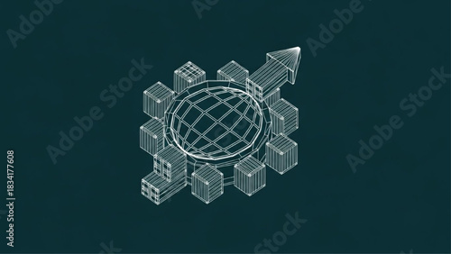 Wireframe globe with cubes and growth arrow.