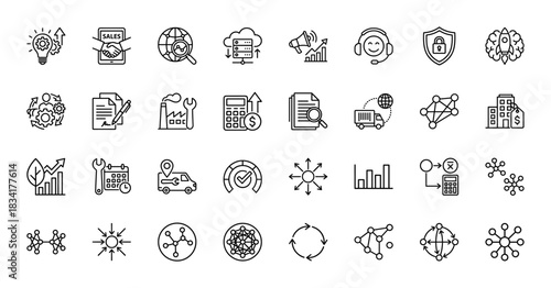Business and supply chain line icon set. Vector pictograms of sales, optimization, strategy, finance, and data, thin outline illustration.