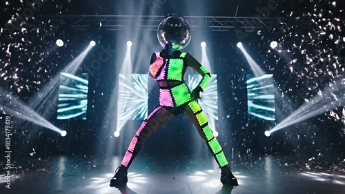 Mesmerizing Futuristic Disco Dancer in Glowing LED Suit and Mirror Ball Helmet Performing on Stage Amidst Sparkling Pyrotechnics and Bright Spotlights