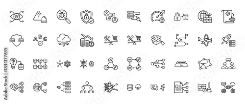 Data security and technology line icon set. Vector pictograms of bug search, data protection, performance, and artificial intelligence, thin outline illustration.