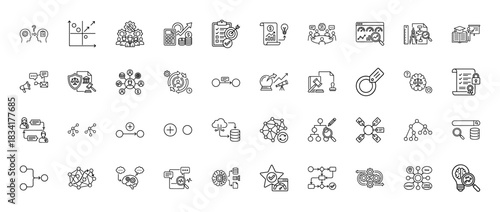 Business and data analysis line icon set. Vector pictograms of strategy, finance, research, networking, and security, thin outline illustration.