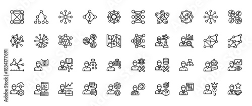 Artificial intelligence and data science line icon set. Vector pictograms of neural networks, machine learning, and data analysis, thin outline illustration.