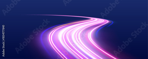 Neon light streams race across a dark background. Motion blur creates the illusion of speed and futuristic energy. Perfect for abstract digital art.