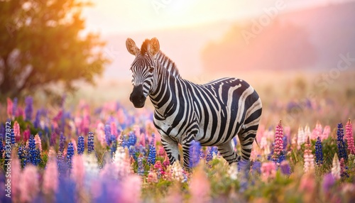 Zebra in Colorful Flowers with Sunrise in African Savannah.