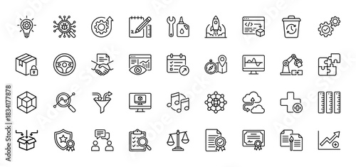 Business and technology line icon set. vector pictograms of strategy, development, logistics, and data analysis, thin outline illustration.