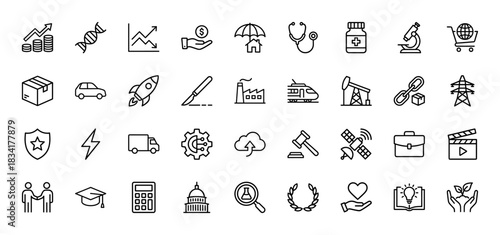 Business and industry line icon set. Vector pictograms of finance, logistics, technology, healthcare, and education, thin outline illustration.