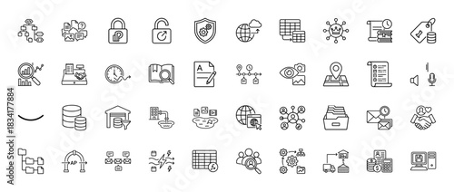 Business and data technology line icon set. Vector pictograms of security, finance, analytics, and networking, thin outline illustration.