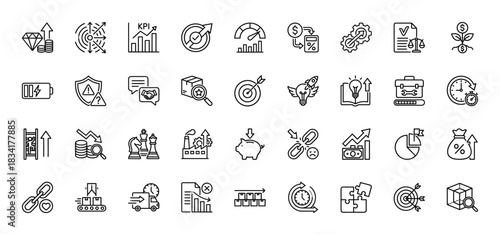 Business performance and strategy line icon set. Vector pictograms of kpi, target, profit, delivery, and growth, thin outline illustration.