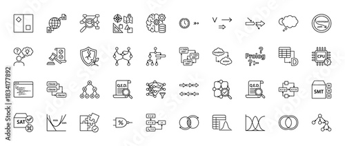 Artificial intelligence and computational logic line icon set. Vector pictograms of decision trees, neural networks, and theorem proving, thin outline illustration.